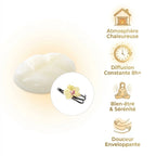Fondant cire parfumée Vanille Scentchips avec infographie des bénéfices : atmosphère chaleureuse et diffusion 8h+