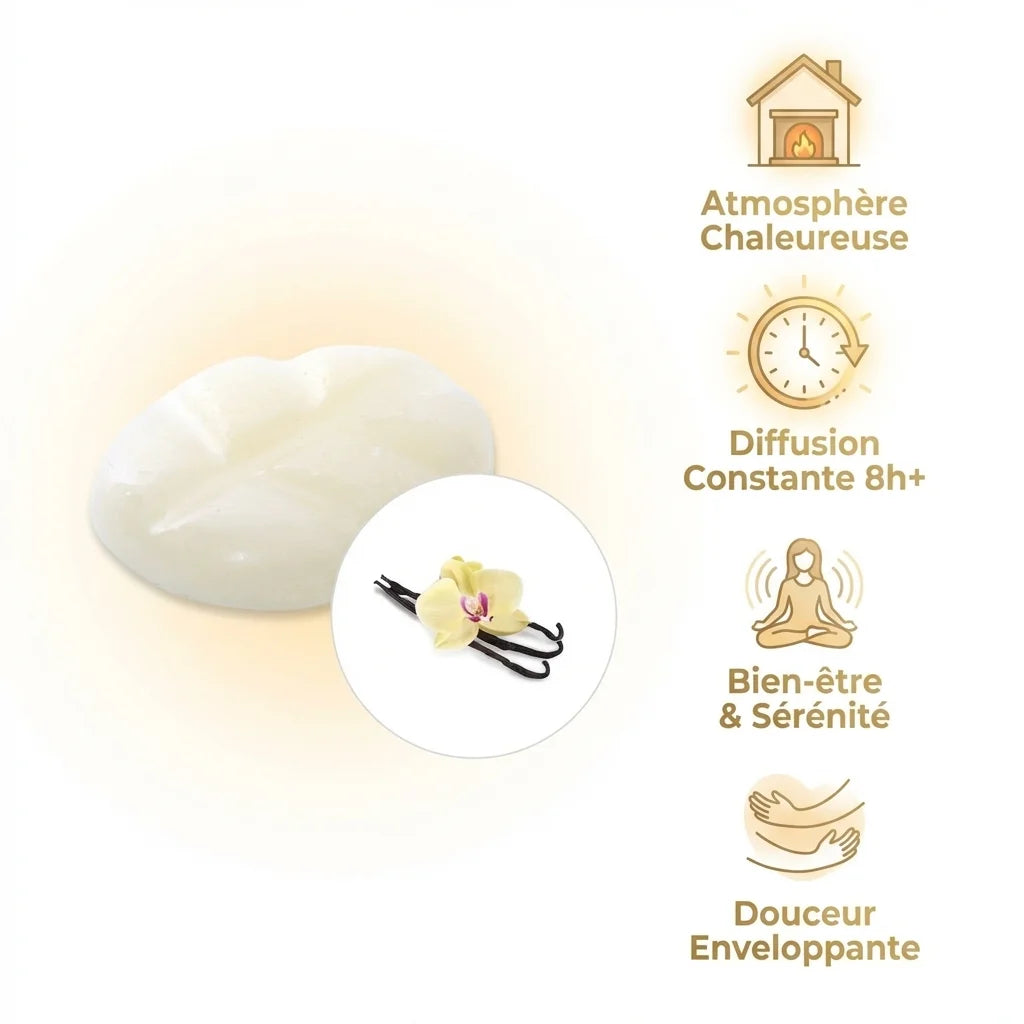 Fondant cire parfumée Vanille Scentchips avec infographie des bénéfices : atmosphère chaleureuse et diffusion 8h+