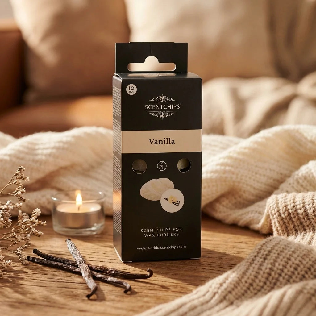 Fondant cire parfumée Vanille Scentchips dans son emballage noir et crème sur surface en bois