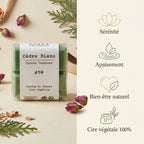 Fondant cire végétale Cèdre Blanc Drake avec infographie bénéfices sérénité bien-être naturel made in France