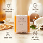 Fondant Cire Végétale Monoï Tiaré Drake 12h parfum avec infographie bénéfices hydratation bien-être