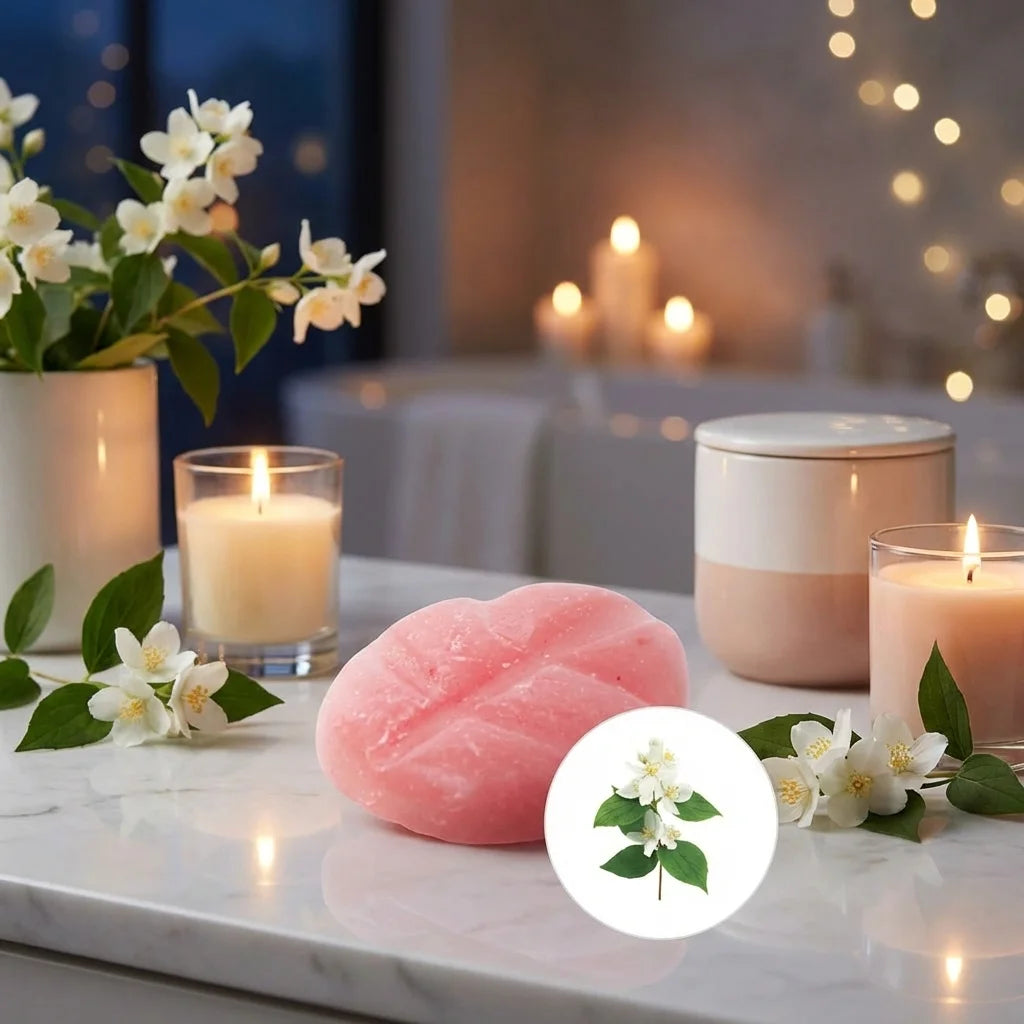 Fondant de cire parfumé Jasmin Scentchips en forme de cœur rose pâle sur vanité élégante