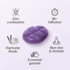 Fondant de cire Scentchips lavande-jasmin avec infographie des bénéfits : zéro combustion, 8h diffusion, bien-être