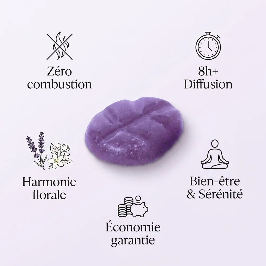 Fondant de cire Scentchips lavande-jasmin avec infographie des bénéfits : zéro combustion, 8h diffusion, bien-être
