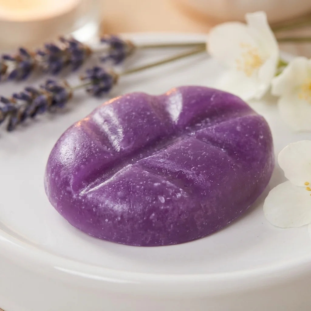 Fondant de cire parfumé Scentchips lavande jasmin sur surface blanche avec fleurs séchées