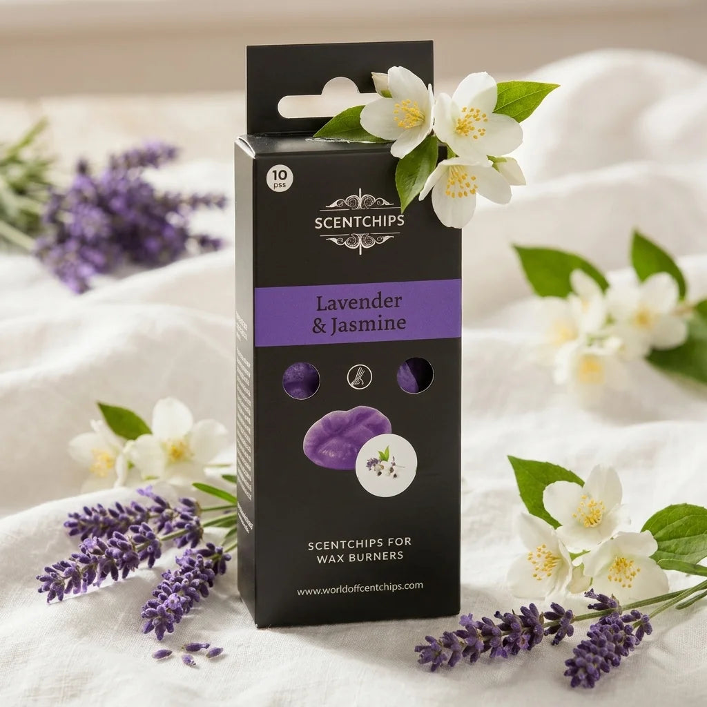 Fondant de cire Scentchips Lavande et Jasmin avec fleurs fraîches sur fond blanc