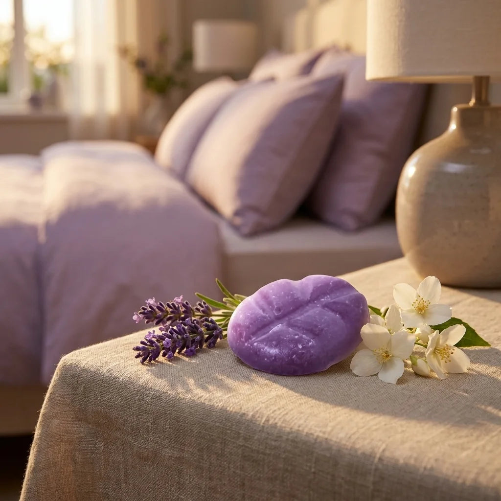 Fondant de cire Scentchips lavande jasmin sur table de nuit avec fleurs, ambiance relaxante