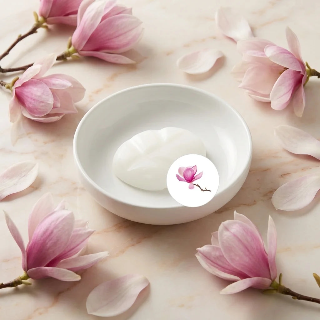 Fondant de cire parfumé Magnolia dans bol blanc avec branche fraîche et pétales roses