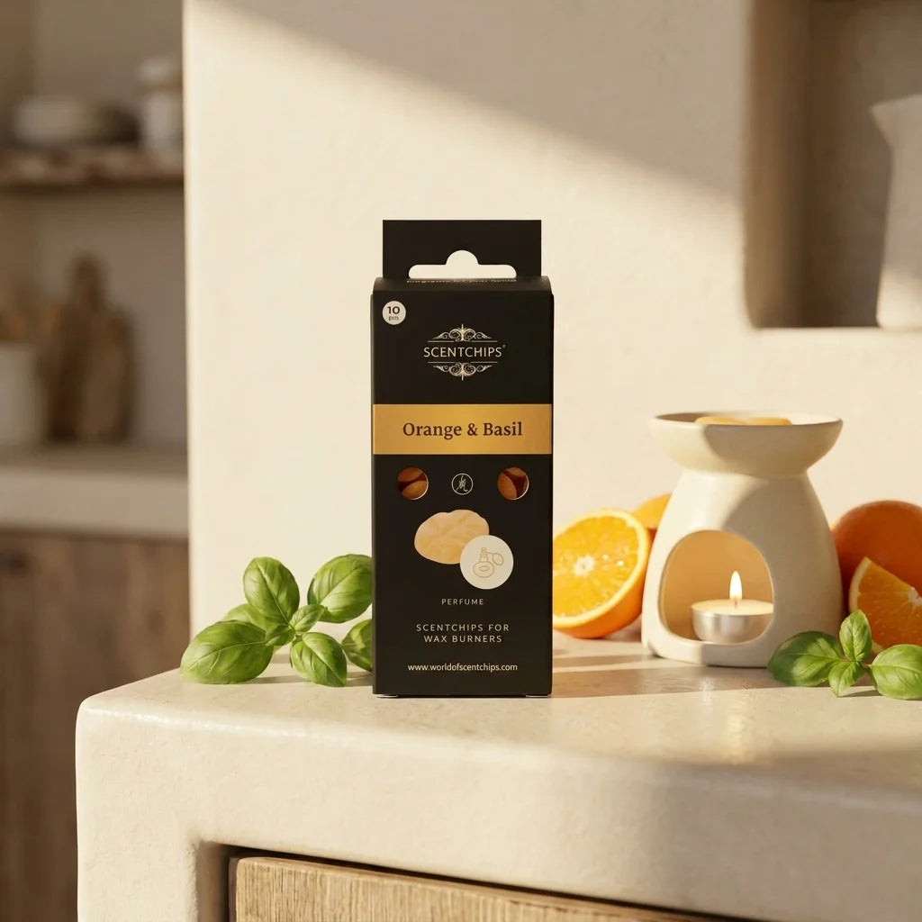 Fondant de cire parfumé Orange et Basilic Scentchips sur brûleur avec agrumes et basilic frais