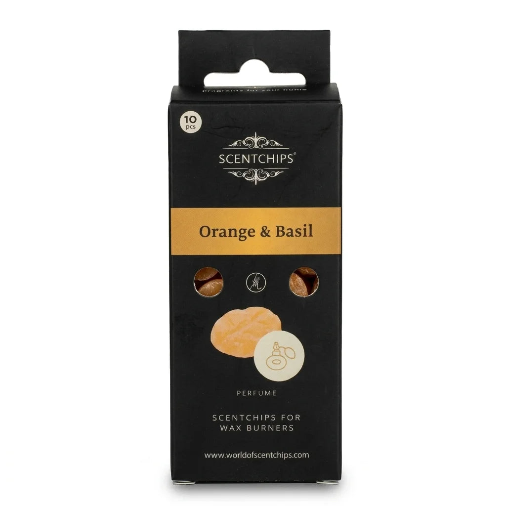 Fondant de cire parfumé Orange et basilic Scentchips dans sa boîte noire et or