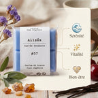 Fondant Parfumé Alizés Drake cire végétale artisanale avec infographie des bénéfits sérénité, vitalité et bien-être