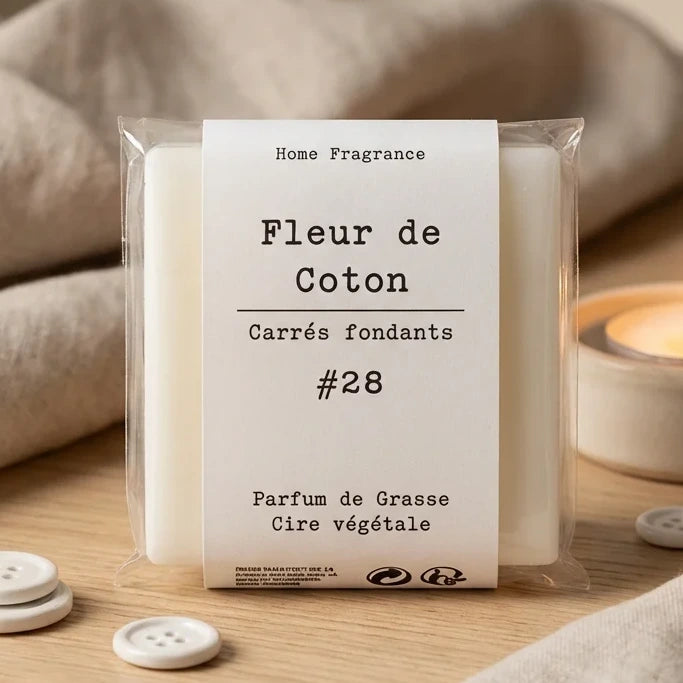 Fondant parfumé Fleur de Coton Drake en cire végétale sur surface bois avec bougies allumées