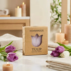 Fondant Tulipe HomeBreeze 15g avec tulipes fraîches et bougies en ambiance spa luxe