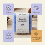 Fondants cire Lavande Drake artisanal - Packaging produit avec icônes bien-être et aromathérapie naturelle
