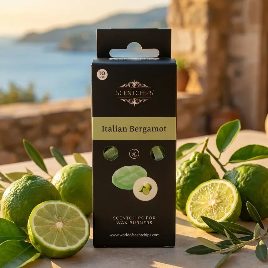 Fondants cire parfumée Bergamote Scentchips entourés de fruits frais sur terrasse méditerranéenne