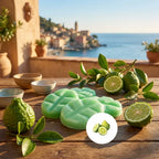 Fondants cire parfumée Bergamote Scentchips sur terrasse méditerranéenne avec fruits frais