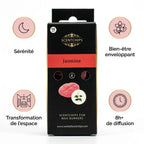 Fondants cire parfumée Scentchips Jasmin avec infographies bénéfices sérénité et bien-être