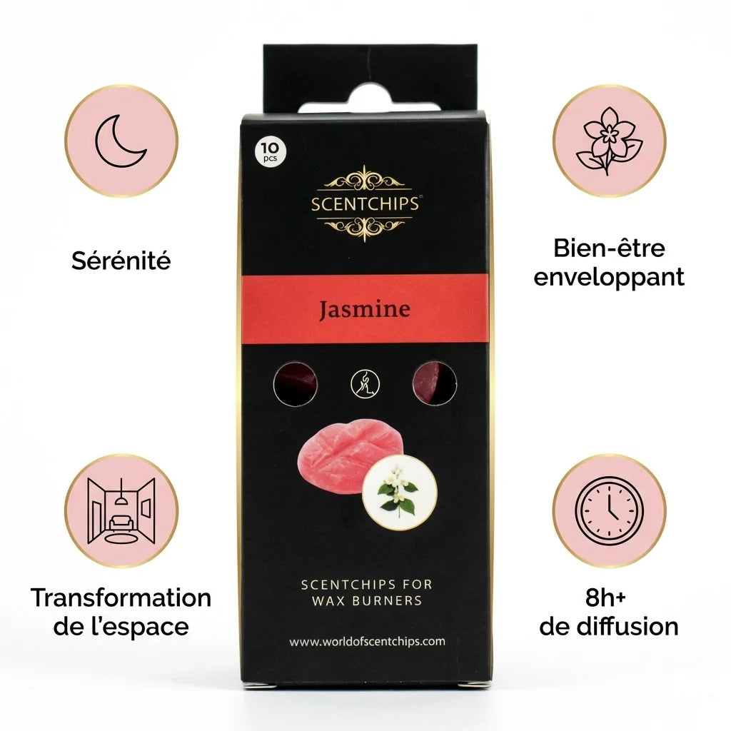 Fondants cire parfumée Scentchips Jasmin avec infographies bénéfices sérénité et bien-être