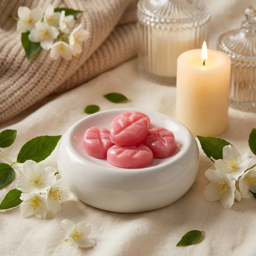 Fondants cire parfumée Jasmin Scentchips rose, fleurs de jasmin et ambiance relaxante