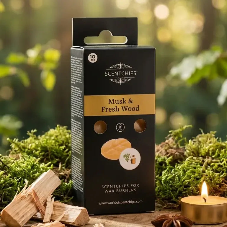Fondants Scentchips Musc et Bois frais sur surface bois avec éléments naturels et lumière douce