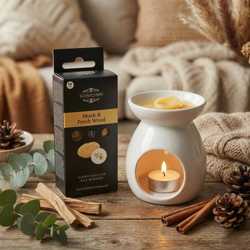 Fondants cire parfumée Musc et Bois frais Scentchips avec brûleur en céramique blanc et décoration naturelle