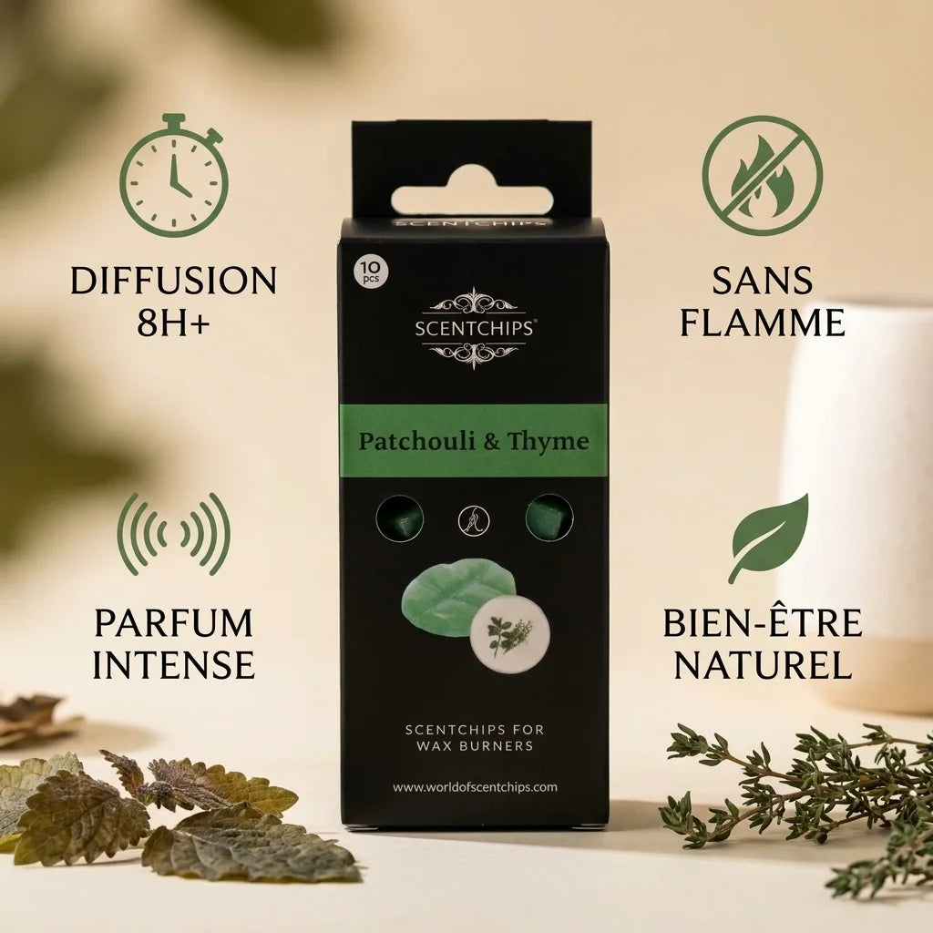 Fondants Cire Scentchips Patchouli Thym - Diffusion 8h, Sans Flamme, Parfum Intense, Bien-être Naturel
