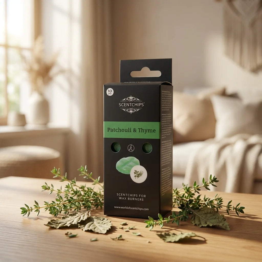 Fondants Scentchips Patchouli Thym avec brins frais sur bois et lumière naturelle