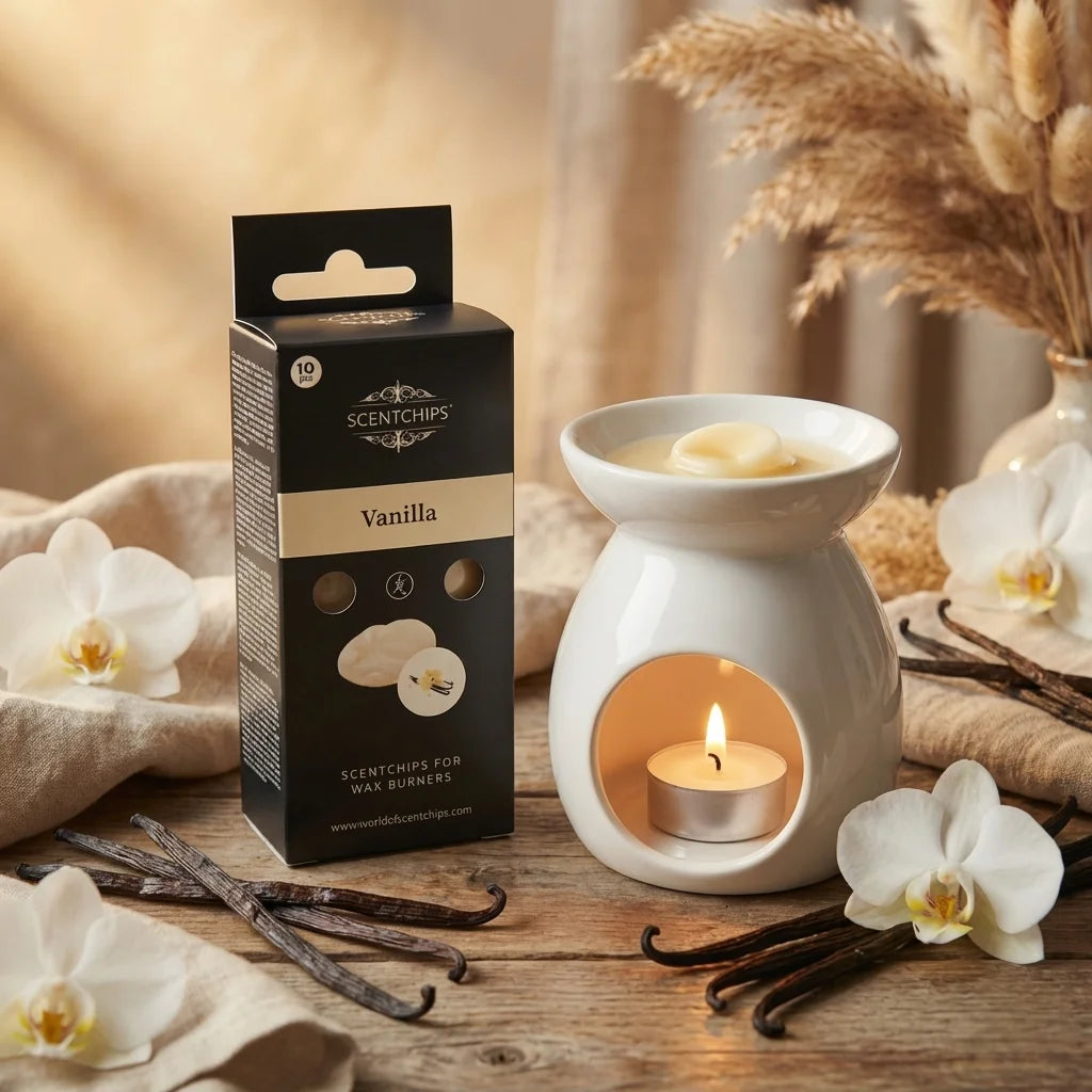 Fondants cire parfumée Vanille Scentchips avec diffuseur céramique et bougies chauffe-plat