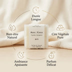 Fondant parfumé Musc Blanc cire végétale colza avec infographie bénéfices bien-être naturel
