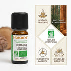 Huile essentielle Bio Cèdre Atlas Florame 10ml avec infographie bénéfices bien-être