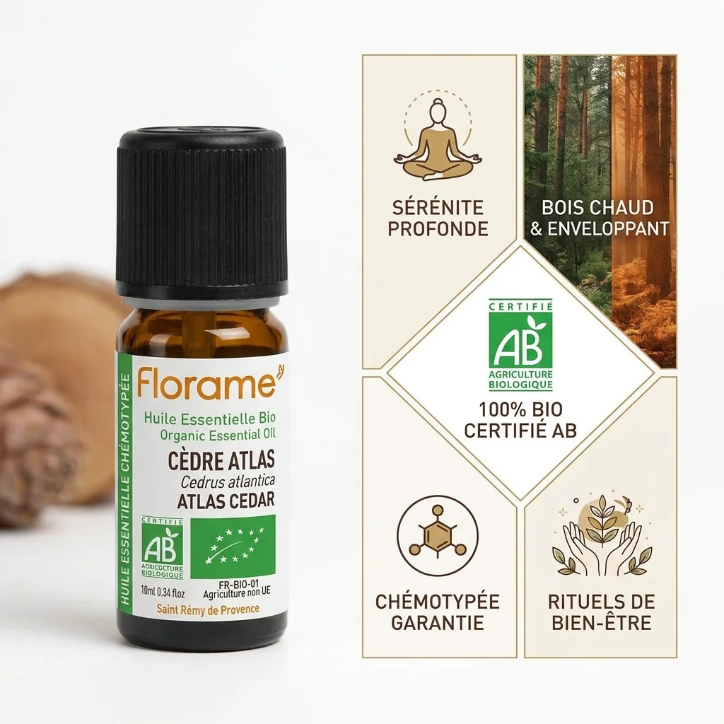 Huile essentielle Bio Cèdre Atlas Florame 10ml avec infographie bénéfices bien-être