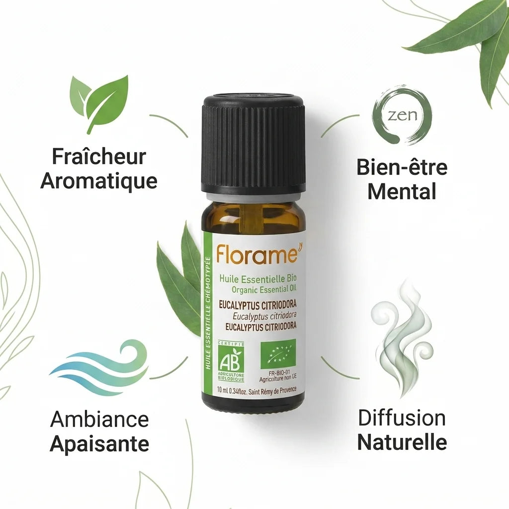 Huile essentielle Eucalyptus Citriodora Florame 10ml avec infographie bénéfices bien-être