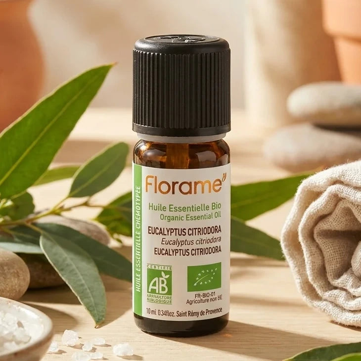 Flacon Huile essentielle Bio Eucalyptus Citriodora 10ml Florame avec feuilles fraîches et ambiance spa