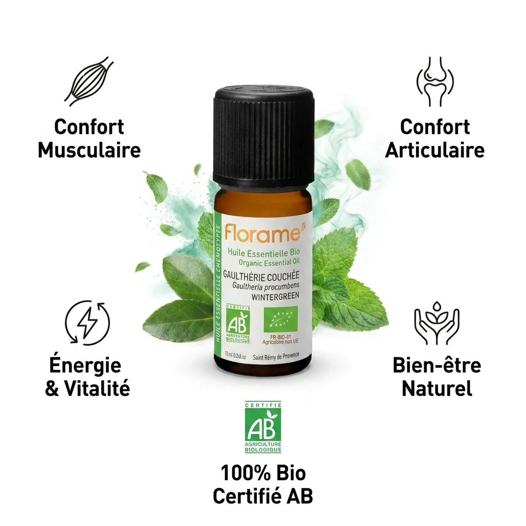 Huile essentielle Bio Gaulthérie Couchée Florame 10ml avec infographie des 5 bénéfaits wellness