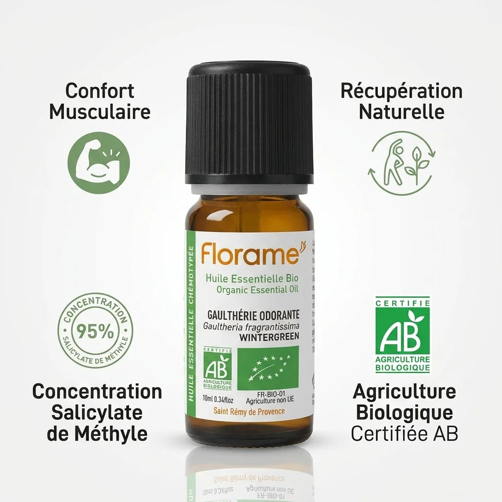 Huile essentielle Bio Gaulthérie Florame 10ml avec bénéfices confort musculaire et récupération