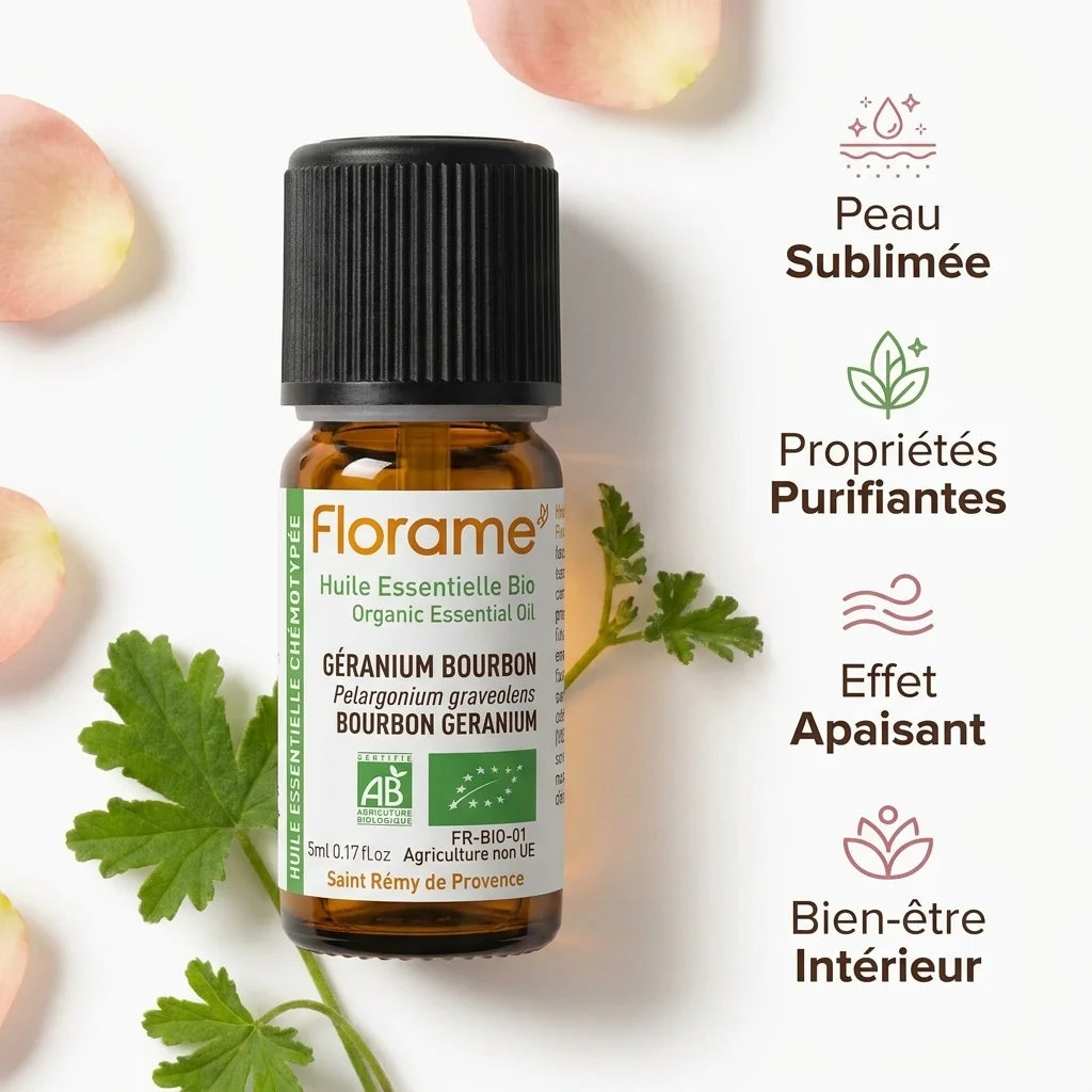 Huile essentielle Bio Géranium Bourbon 5ml Florame avec bénéfices peau et bien-être