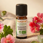 Huile essentielle Bio Géranium Bourbon Florame 5ml avec fleurs fraîches et eucalyptus