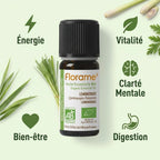 Huile essentielle bio Lemongrass Florame 10ml avec ses 5 bénéfices: énergie, vitalité, clarté mentale, digestion et bien-être