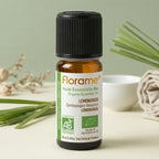 Flacon d'huile essentielle bio Lemongrass Florame 10ml avec brins de citronelle frais