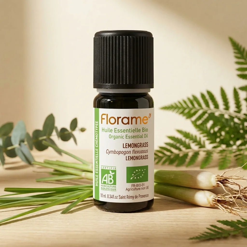 Huile essentielle bio Lemongrass 10ml Florame en flacon verre avec feuilles fraîches