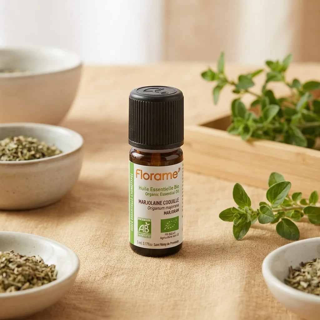Huile essentielle bio Marjolaine Florame 5ml en flacon verre ambré avec étiquette verte