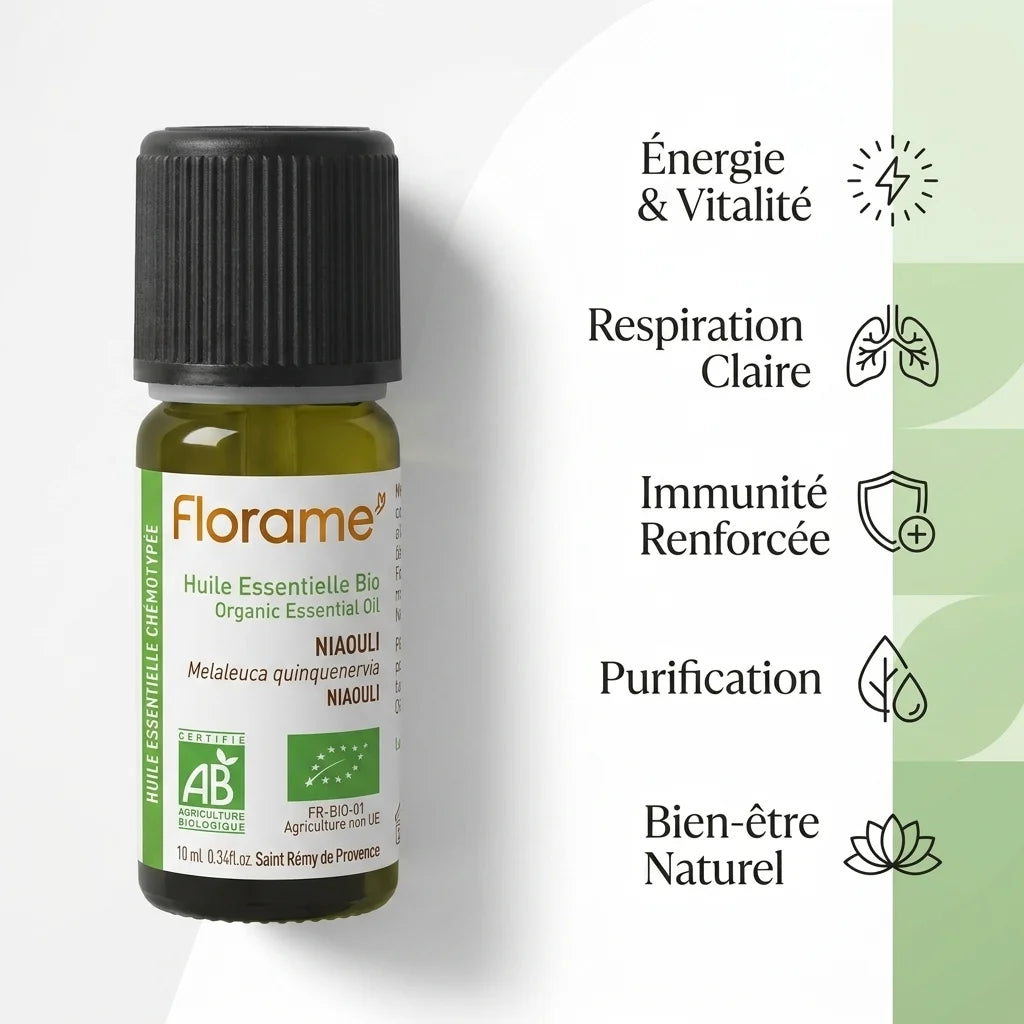 Huile essentielle Bio Niaouli Florame 10ml avec ses 5 bénéfaits: énergie, respiration, immunité, purification