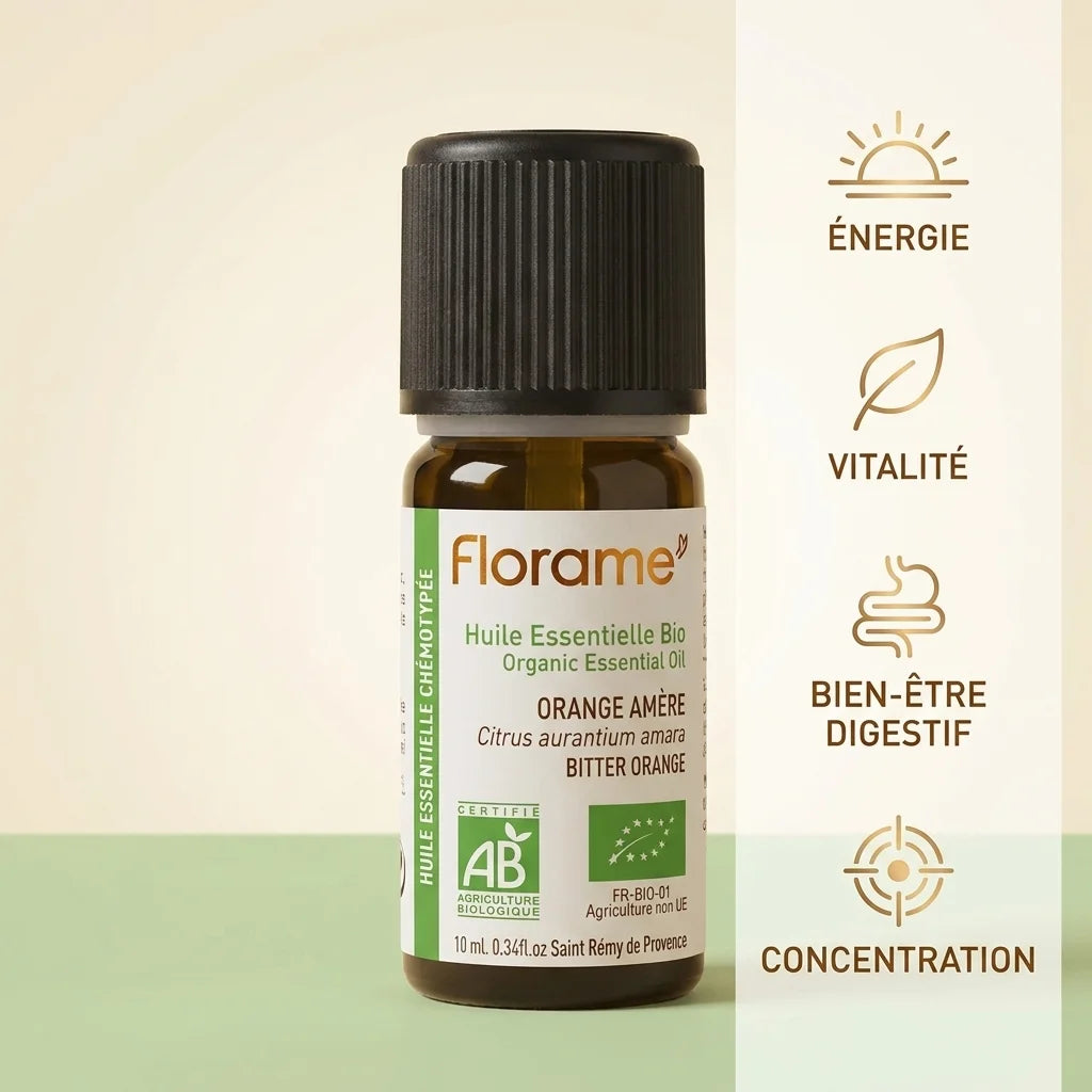 Huile essentielle Bio Orange Amère 10ml Florame avec bénéfices santé: énergie, vitalité, digestion, concentration