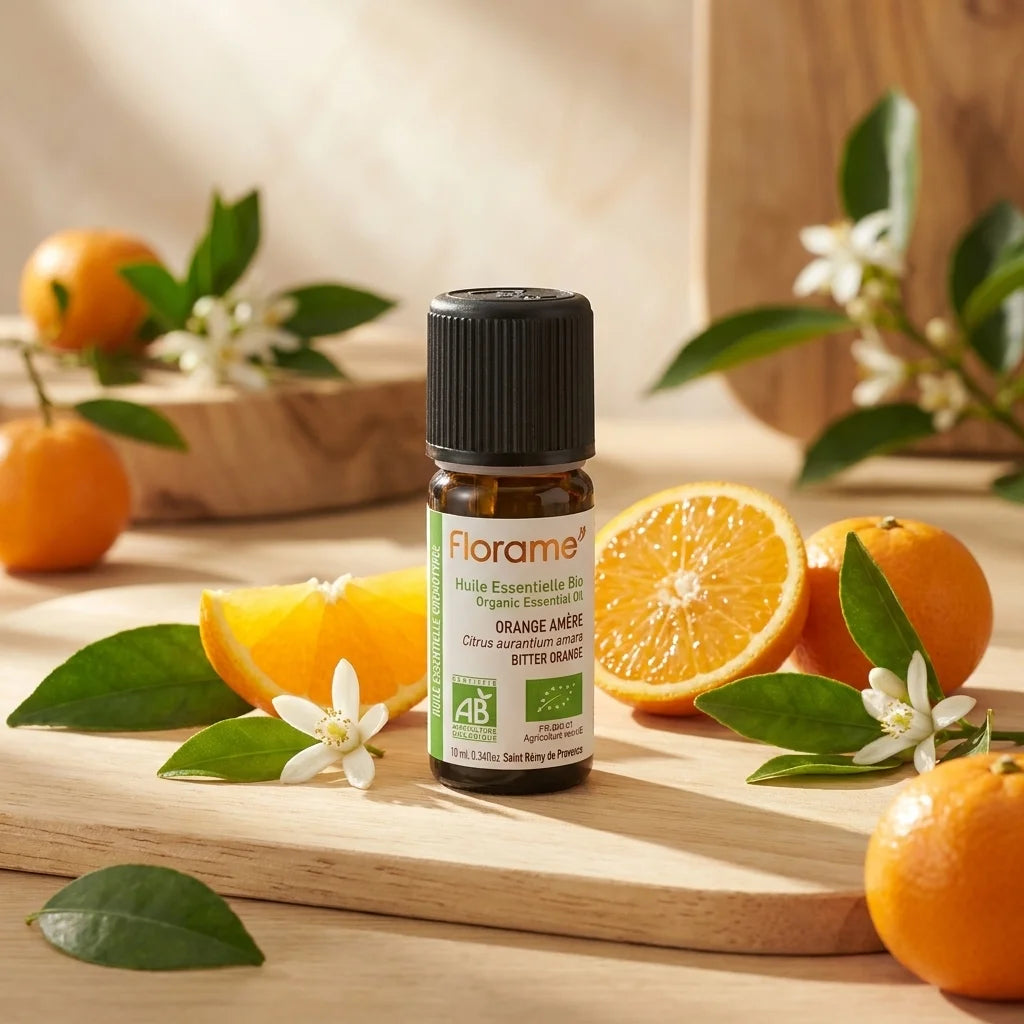 Huile essentielle Bio Orange Amère Florame 10ml avec tranches d'orange frais et feuilles botaniques