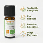 Flacon Huile essentielle Bio Palmarosa Florame 10ml avec infographie bénéfices bien-être