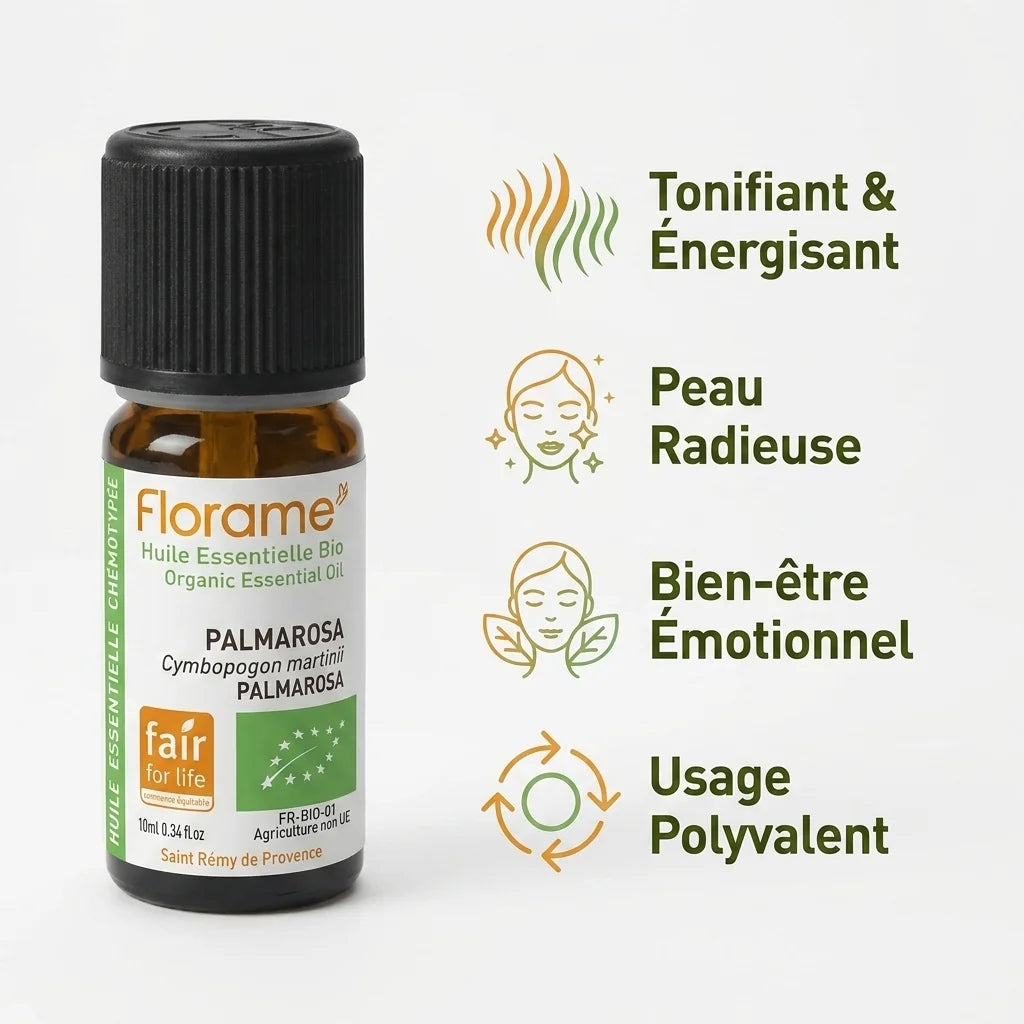 Flacon Huile essentielle Bio Palmarosa Florame 10ml avec infographie bénéfices bien-être