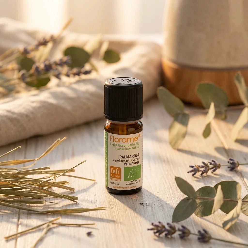 Huile essentielle Bio Palmarosa 10ml Florame en flacon ambré avec étiquette verte