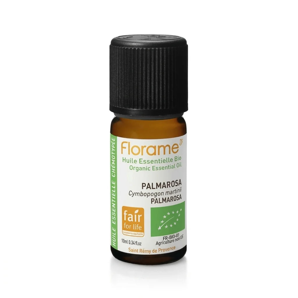 Huile essentielle Bio Palmarosa 10 ml Florame en flacon verre ambré avec étiquette verte