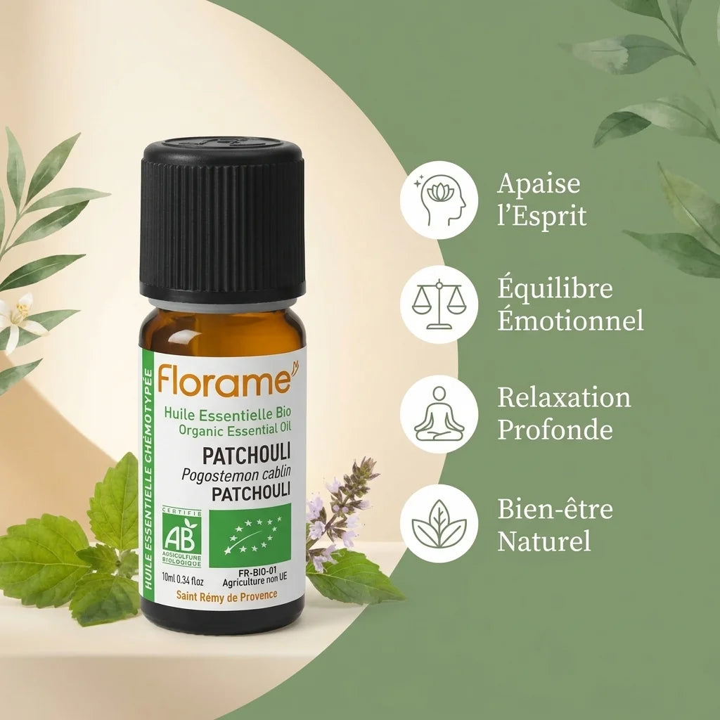 Huile essentielle Bio Patchouli 10ml Florame avec ses bénéfices relaxation et bien-être naturel
