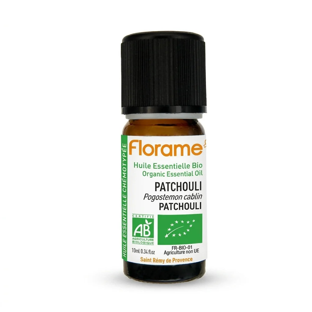 Huile essentielle Bio Patchouli 10ml Florame flacon verre ambré fond blanc